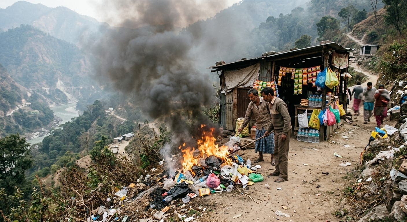 Illustrative visual of discarded plastic being burned beside a hillside stall