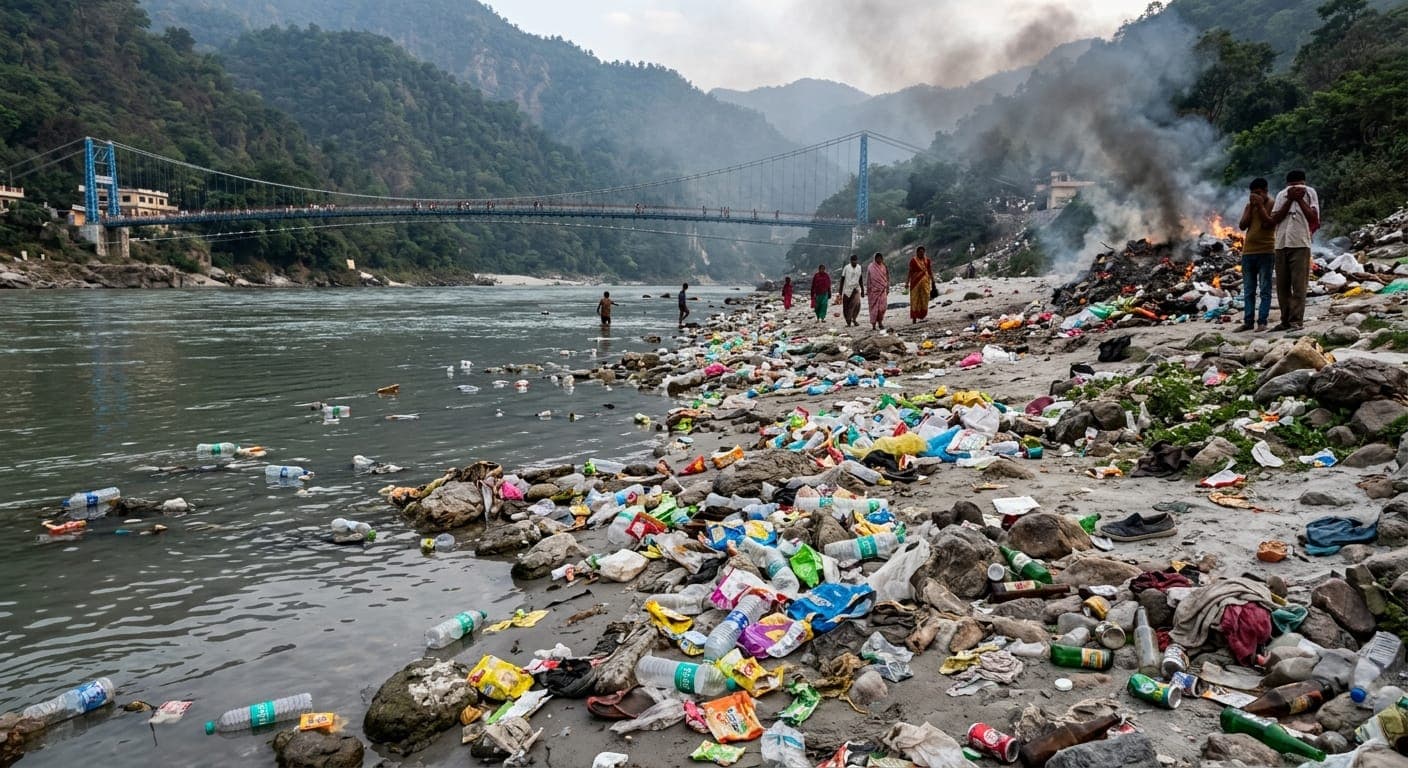 Illustrative visual of bottles, cans and wrappers littering a Himalayan riverbank below a suspension bridge